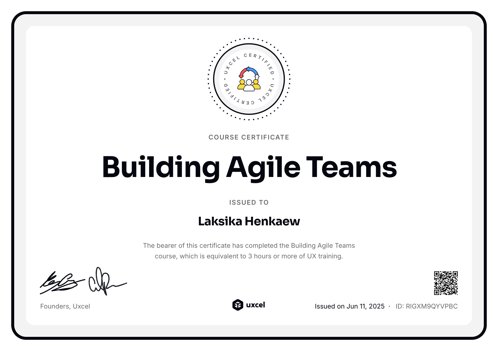 Laksika Henkaew's certificate